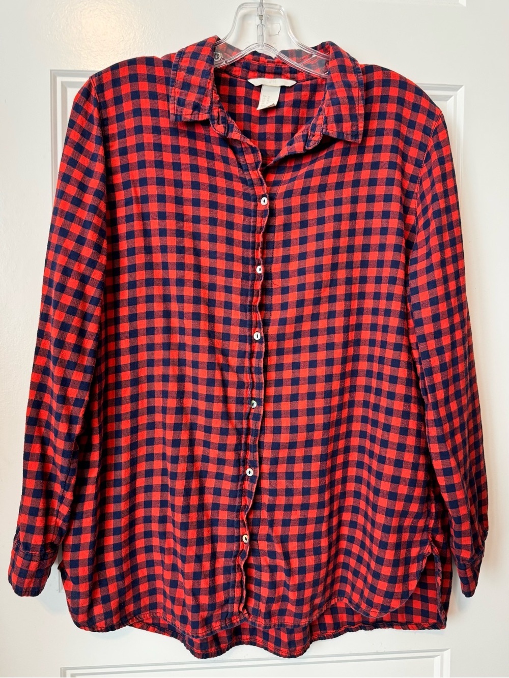 H&M Red Navy Plaid Buffalo Check Button Front Shirt Size 10